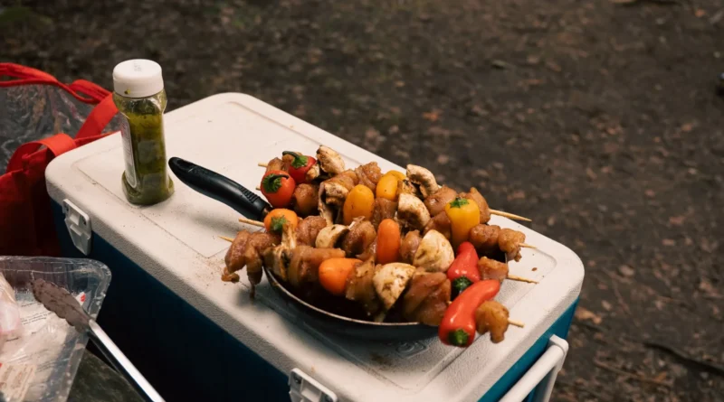 camping food make-ahead meals - prepped vegetables and marinated meat ready for the campfire